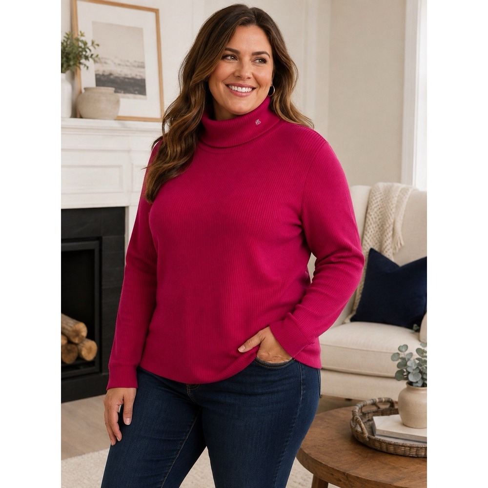 Lauren Ralph Lauren Sweater Turtleneck 2X Pink Ribbed 100% Cotton Stretch